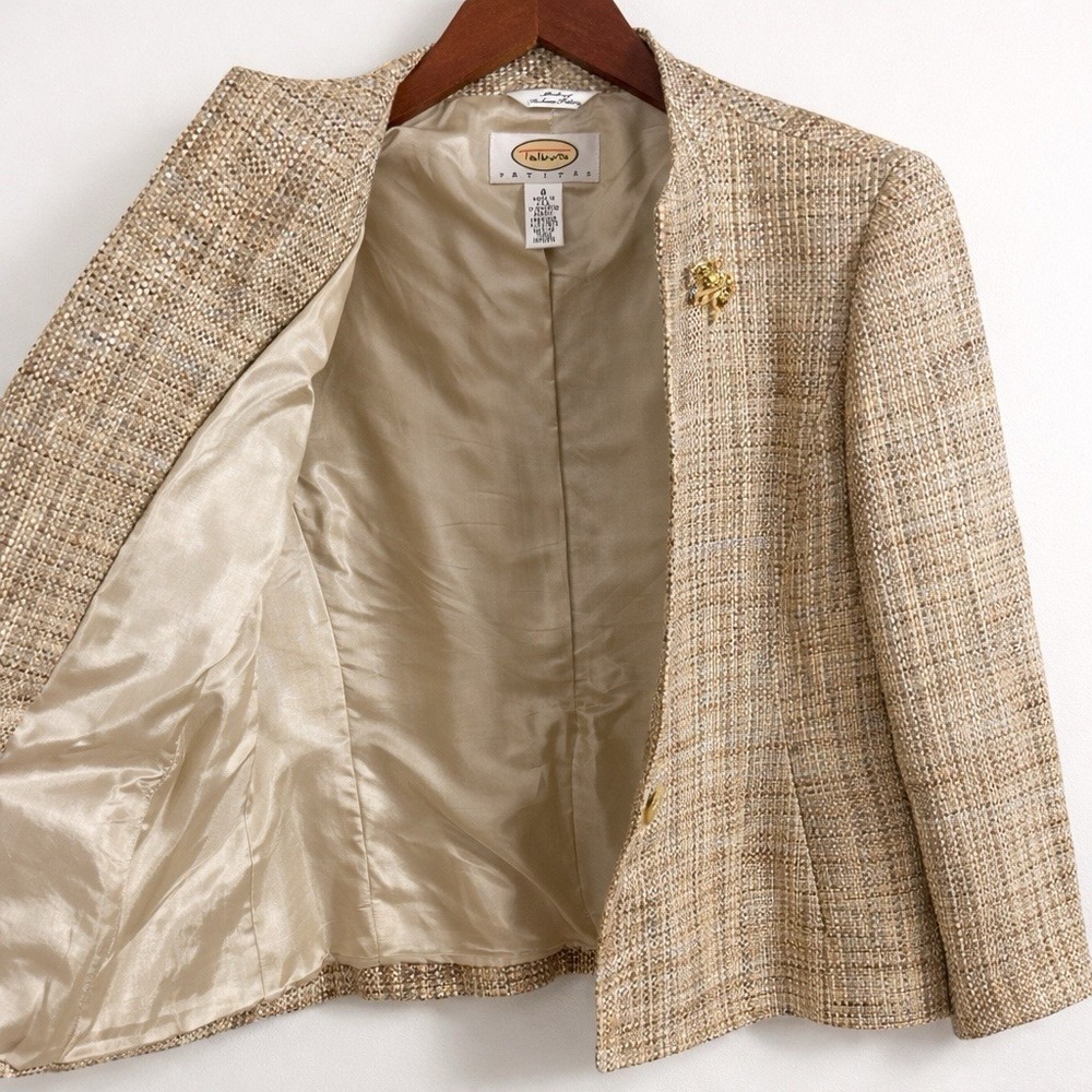 Vintage Talbots Petites 8P Tan Tweed Jacket Made in USA Italian Fabric Brooch - Picture 5 of 8